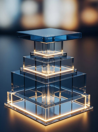 A multi-tiered glass display platform with integrated golden LED lights, set against a softly blurred background.の素材