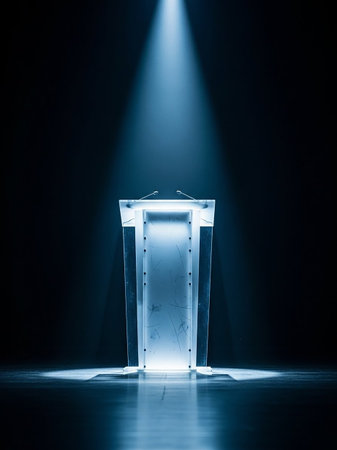 A modern transparent podium is dramatically lit by a single bright spotlight in a dark, empty room, creating a focused and professional atmosphere.の素材