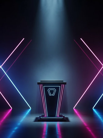 A modern, dark podium with a geometric logo is illuminated by vibrant neon blue and pink lighting in a dramatic studio setting.の素材