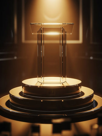 A sleek transparent glass podium rests on tiered gold platforms, illuminated by warm spotlighting, creating an elegant and modern presentation space.の素材