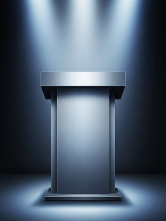 A metallic podium stands center stage, illuminated by dramatic spotlights from above against a dark, moody background.の素材