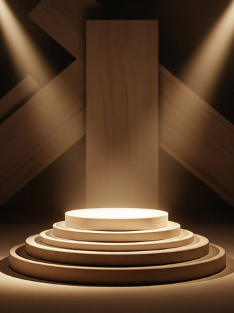 A minimalist, multi-tiered circular podium bathed in warm spotlights, set against a backdrop of abstract wooden geometric shapes.の素材