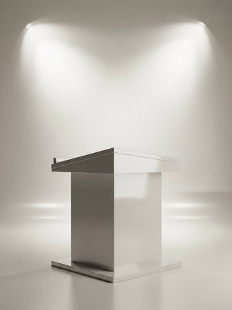 A sleek, minimalist silver podium stands in a bright, softly lit studio environment with two diffused spotlights casting shadows on the wall.の素材