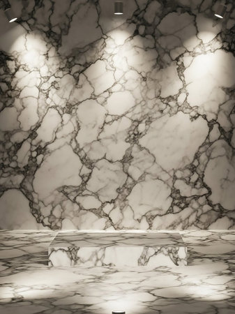 A marble pedestal and wall are illuminated by spotlights in a studio setting, showcasing the natural stone's intricate veining and texture.の素材