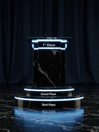 A tiered marble podium with glowing neon blue lights displays labels for 1st, 2nd, and 3rd place against a dark, draped background.の素材