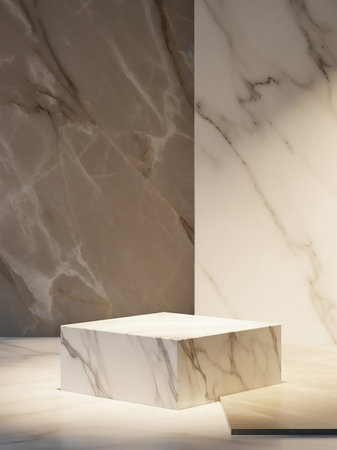 A white marble cube pedestal sits on a marble surface, with a textured marble wall behind it, illuminated by soft light.の素材