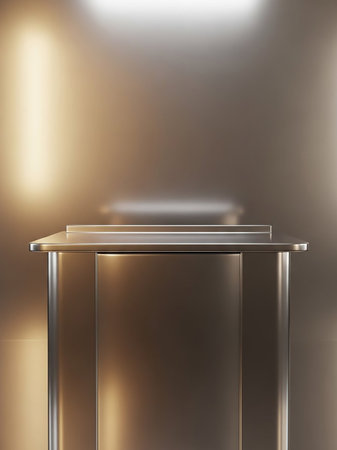 A metallic display stand with brushed metal texture, reflecting soft golden and white light in a clean studio setting.の素材