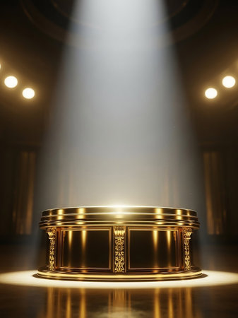 An ornate golden podium is dramatically lit by a single spotlight in a dark, elegant interior, creating a sense of prestige and focus.の素材