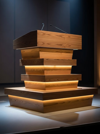 A contemporary wooden podium with layered design and warm integrated lighting, featuring microphones for public speaking events.の素材