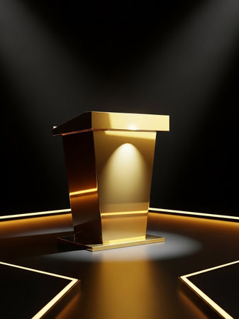 A sleek, polished gold podium stands center stage under a dramatic spotlight, with glowing geometric lines on the floor.の素材