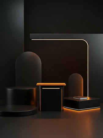 A dark, minimalist stage with geometric platforms, arched backdrops, and subtle orange LED lighting creating a sophisticated display area.の素材