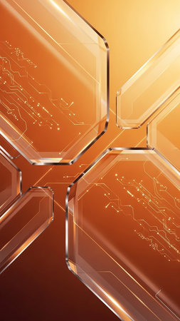 Abstract geometric shapes with a metallic sheen and embedded circuit board patterns in orange hues, suggesting digital data flow.の素材