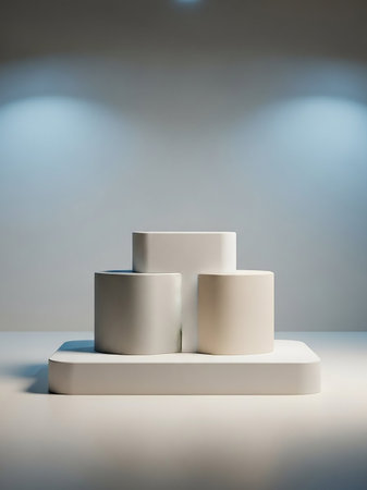 A minimalist display featuring tiered white platforms, including two cylinders and one rectangle, arranged on a larger rectangular base under soft lighting.の素材