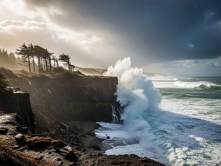 Powerful ocean waves crash against a rugged, rocky cliffside with pine trees under a dramatic, stormy sky with sunlight breaking through.の素材