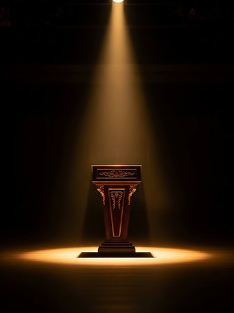 An ornate wooden podium stands illuminated by a dramatic spotlight against a dark background, creating a focal point for a presentation.の素材