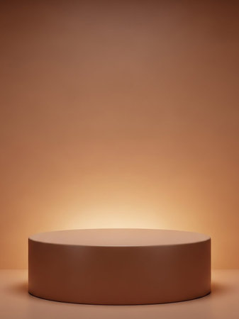 A simple cylindrical pedestal sits on a flat surface, illuminated by a warm glow from behind, against a soft gradient background.の素材