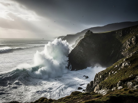 Massive ocean waves crash violently against a dark, rocky coastline under a dramatic, cloudy sky with birds flying overhead.の素材
