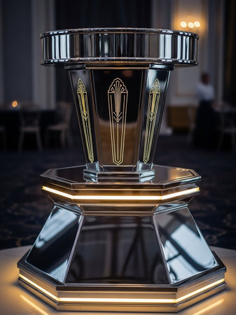An ornate, multi-tiered silver pedestal with Art Deco detailing and glowing orange lights stands in a dimly lit, formal interior setting.の素材