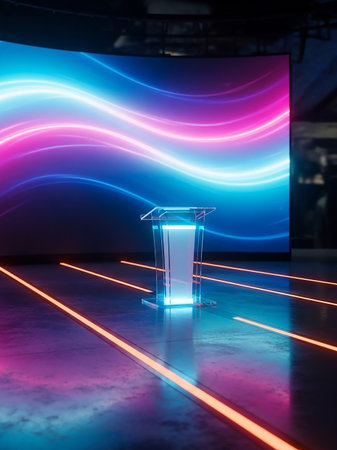 A modern stage with a transparent podium in front of a large screen displaying vibrant neon light waves.の素材