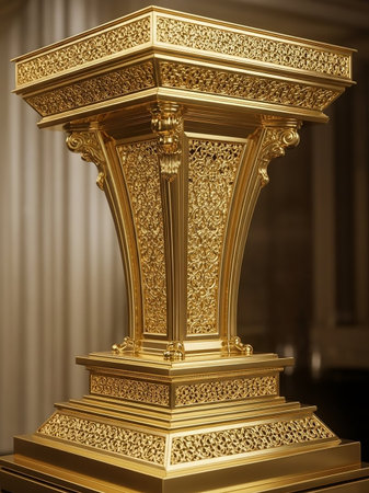 A highly ornate golden pedestal featuring intricate filigree patterns and detailed decorative carvings, standing on a tiered base.の素材