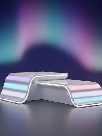 A sleek, white futuristic display stand with curved lines and glowing neon accents, set against a colorful aurora borealis background.の素材