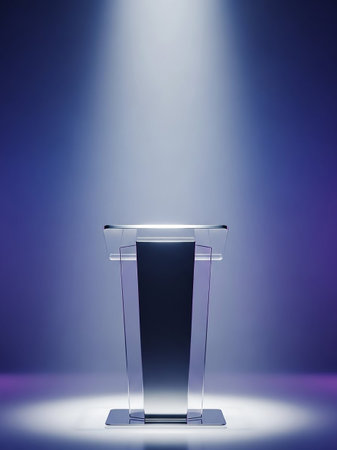 A modern glass podium stands on a reflective surface, illuminated by a bright spotlight from above against a gradient of purple and blue.の素材