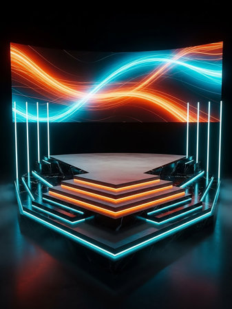 A multi-level stage platform is illuminated by vibrant blue and orange neon lights, set against an abstract, glowing neon light background.の素材