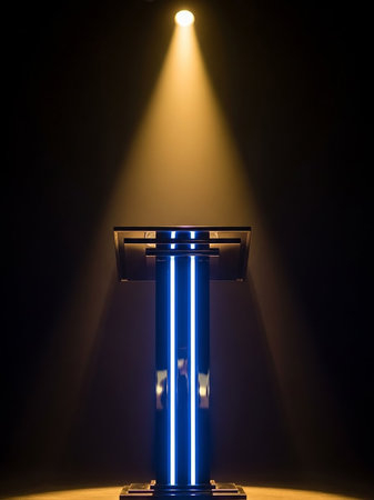 A dark stage features a modern podium with glowing blue neon lights, illuminated by a single bright spotlight from above.の素材