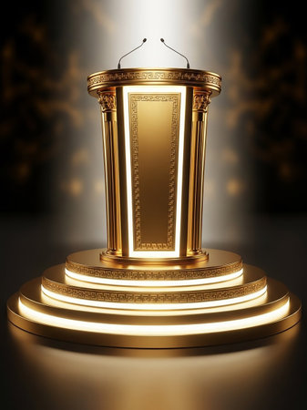 A luxurious golden podium with ornate detailing and microphones stands on a multi-tiered circular stage, illuminated by dramatic spotlights.の素材