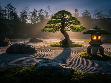 A tranquil Japanese Zen garden bathed in the warm light of sunrise, featuring a perfectly shaped bonsai tree, raked gravel patterns, moss, and a stone lantern.の素材