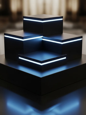 A set of modern black display pedestals with geometric shapes. They are illuminated by glowing blue and white LED lights along their edges.の素材