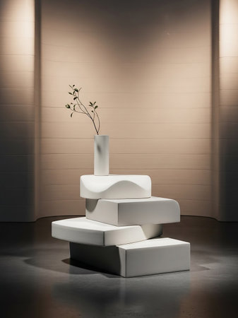 A minimalist white podium with rounded geometric shapes holds a tall vase with a single green branch, set against a softly lit textured wall.の素材