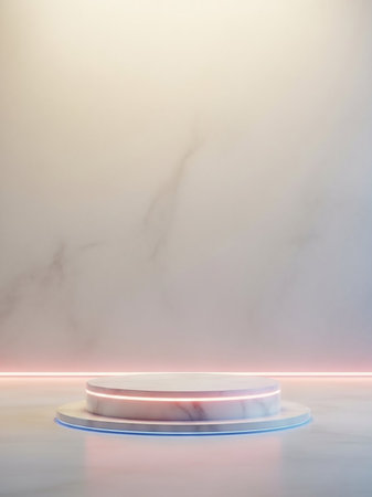A minimalist round display pedestal made of marble, illuminated by subtle pink and blue neon lights against a soft, textured background.の素材