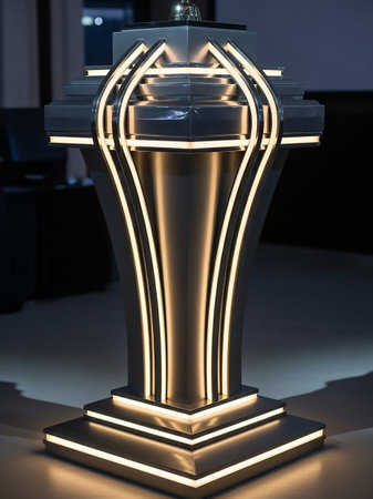 An ornate, Art Deco-inspired pedestal with geometric layers and integrated warm lighting, creating an elegant and sophisticated display.の素材