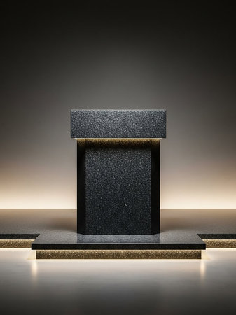A sleek, modern black granite pedestal with a textured surface is illuminated by integrated warm yellow LED lights, creating a sophisticated display.の素材