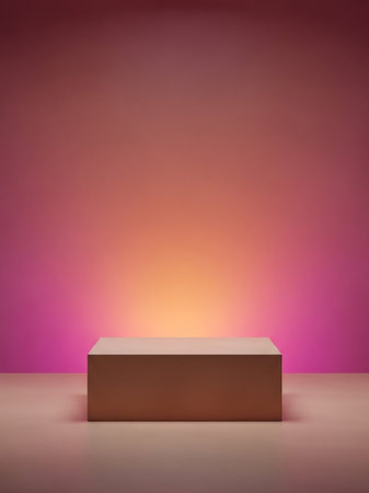 A simple rectangular podium rests on a smooth surface against a warm pink and orange gradient background, creating a clean studio display.の素材