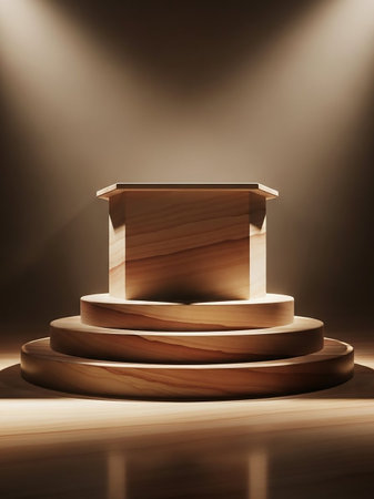 A multi-tiered wooden display pedestal is softly lit by a spotlight, with a reflective surface below and a warm, glowing background.の素材