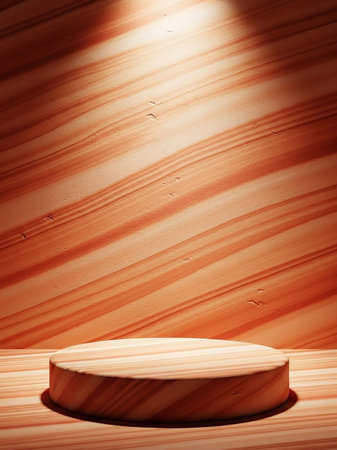 A round wooden pedestal sits on a wooden surface with a prominent wood grain texture. A dramatic spotlight creates strong shadows on the textured orange-brown background.の素材