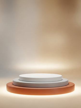 Three stacked circular pedestals in white, grey, and orange are softly illuminated from below, set against a warm, blurred gradient background.の素材