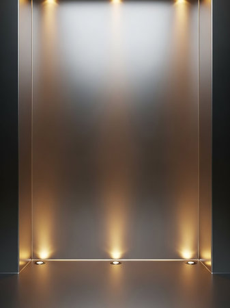 A modern, empty metallic display niche with integrated downward spotlights illuminating the brushed metal surface, creating a clean and sleek backdrop.の素材