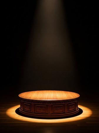 A round, ornate wooden podium sits centered on a dark wooden floor, dramatically lit by a single spotlight from above.の素材