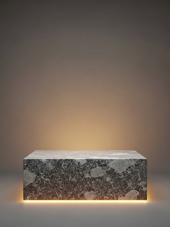 A rectangular stone pedestal with a textured surface emits a soft orange glow from its base, set against a plain, neutral background.の素材