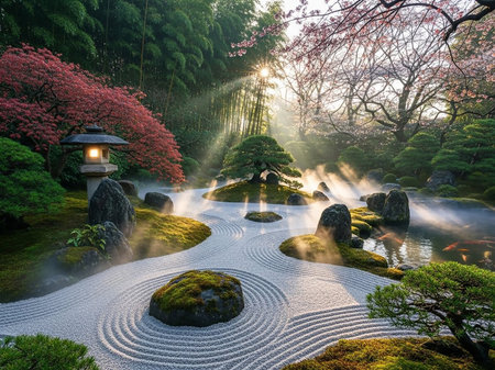 A tranquil Japanese Zen garden featuring raked white sand, moss-covered rocks, a pond with koi, bamboo, and flowering trees bathed in sunbeams.の素材