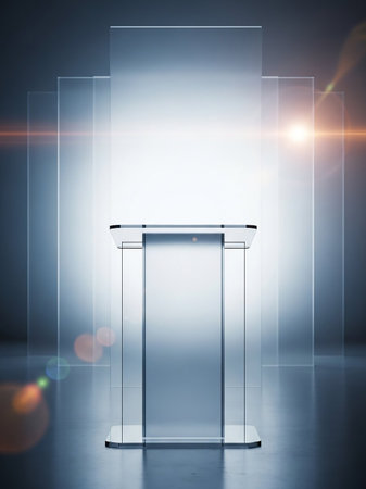A modern, empty podium made of transparent glass stands on a reflective surface, illuminated by soft lights and lens flares, creating a professional atmosphere.の素材
