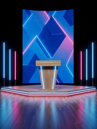 A wooden podium stands on a stage with neon lights and a large geometric LED screen backdrop, creating a vibrant atmosphere.の素材