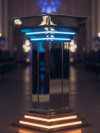 A sleek, metallic podium with layered geometric design, illuminated by glowing blue and orange neon lights against a dark, reflective background.の素材