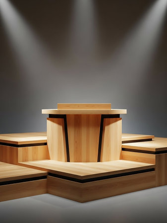 A multi-tiered wooden podium with dark accents is lit by spotlights from above against a plain gray background, creating a clean and focused presentation space.の素材