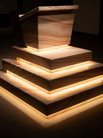 A contemporary wooden podium with layered geometric steps features integrated warm LED lighting, casting a soft orange glow.の素材