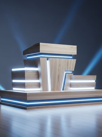 A contemporary podium crafted from wood features sharp geometric lines and is illuminated by integrated blue LED lights, creating a futuristic ambiance.の素材