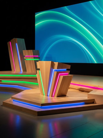 A contemporary wooden stage set with geometric podiums and platforms illuminated by vibrant blue, pink, and green neon LED strip lights, against a large screen.の素材